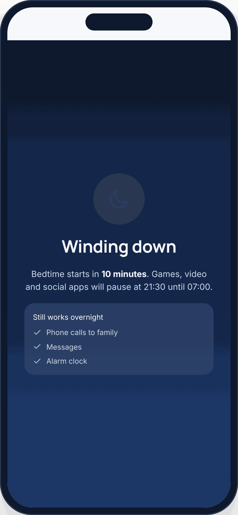The child’s phone showing the bedtime wind-down warning: games, video and social apps pause at 21:30 while calls, messages and the alarm keep working