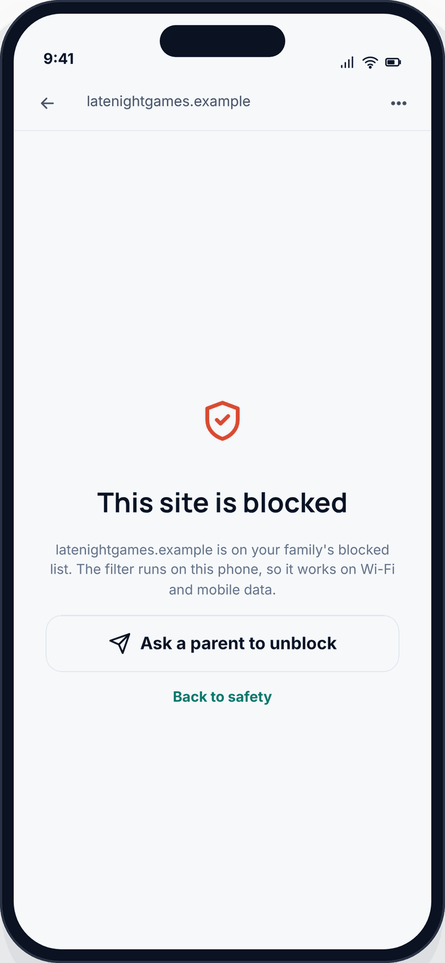 The child’s phone browser showing a site blocked by the family content filter, with a button to ask a parent to unblock it