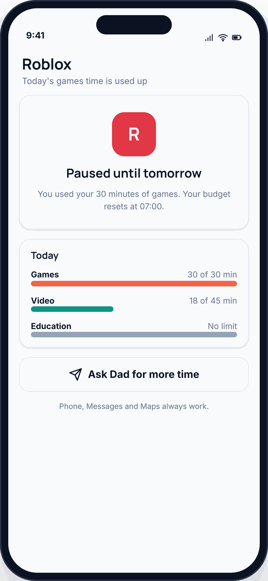 The child’s Android phone showing Roblox paused because today’s games budget is used up, with today’s category budgets and an “Ask for more time” button
