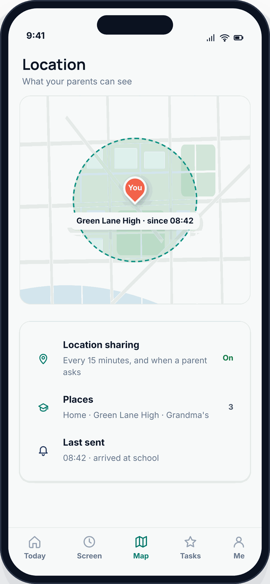 The FreePhoneSpy child app Location screen showing the child their own position at school and exactly what location data is shared