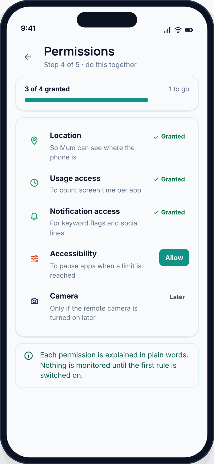 The FreePhoneSpy child app walking through Android permissions one by one — location, usage access, notification access, accessibility — with plain-language reasons
