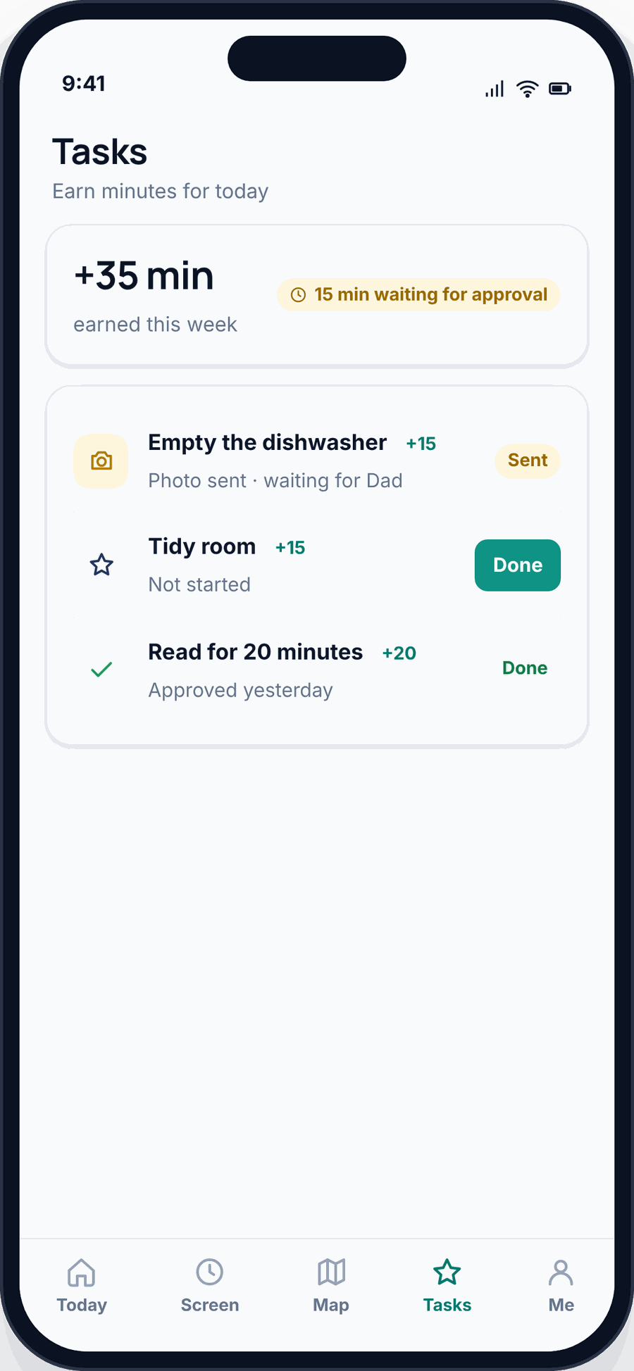 The FreePhoneSpy child app Tasks screen with chores that earn minutes, one sent with photo proof and waiting for approval