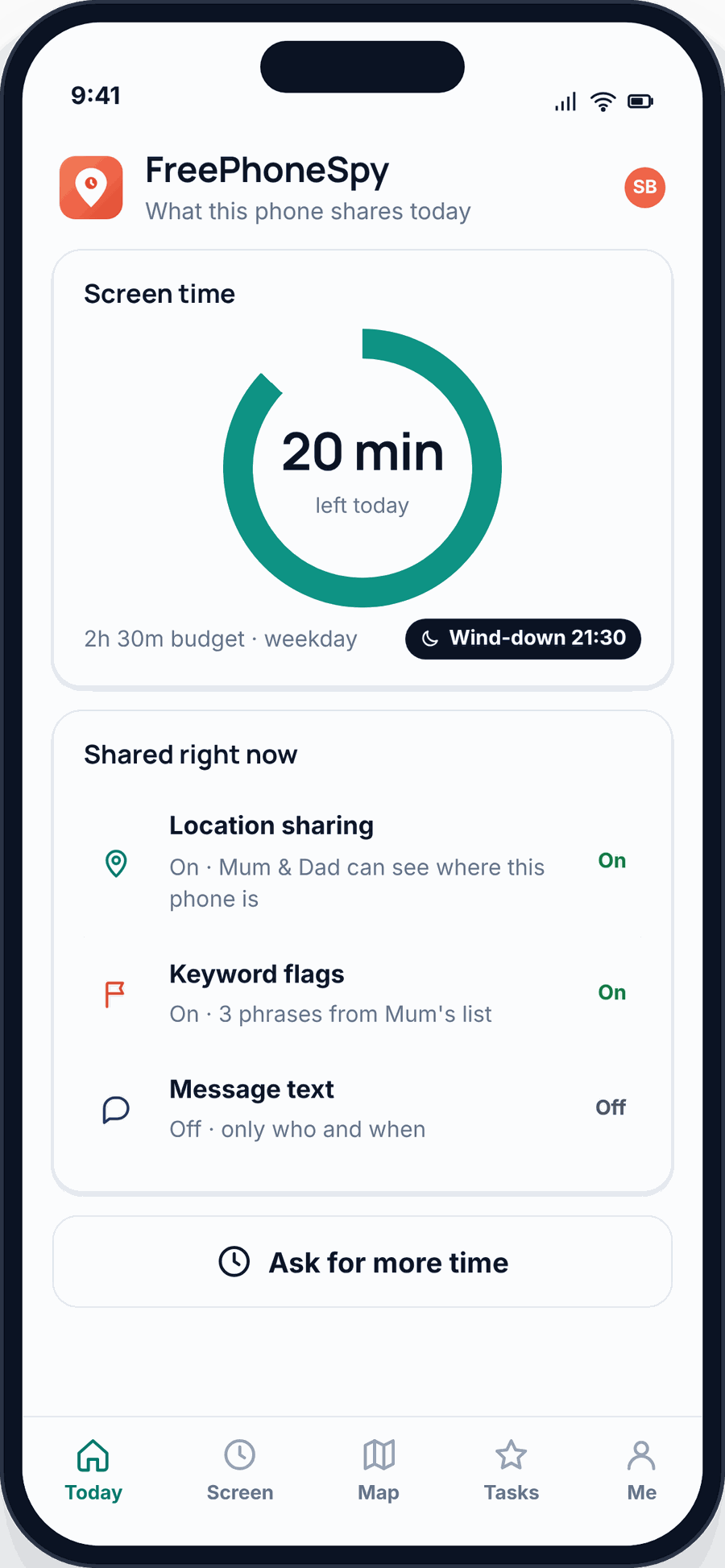 The FreePhoneSpy child app on an Android phone: today’s remaining screen time, what the phone is sharing right now, and an “Ask for more time” button