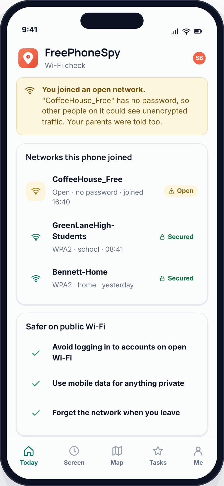 The FreePhoneSpy child app warning that the phone joined an open Wi-Fi network without a password, with the list of recent networks