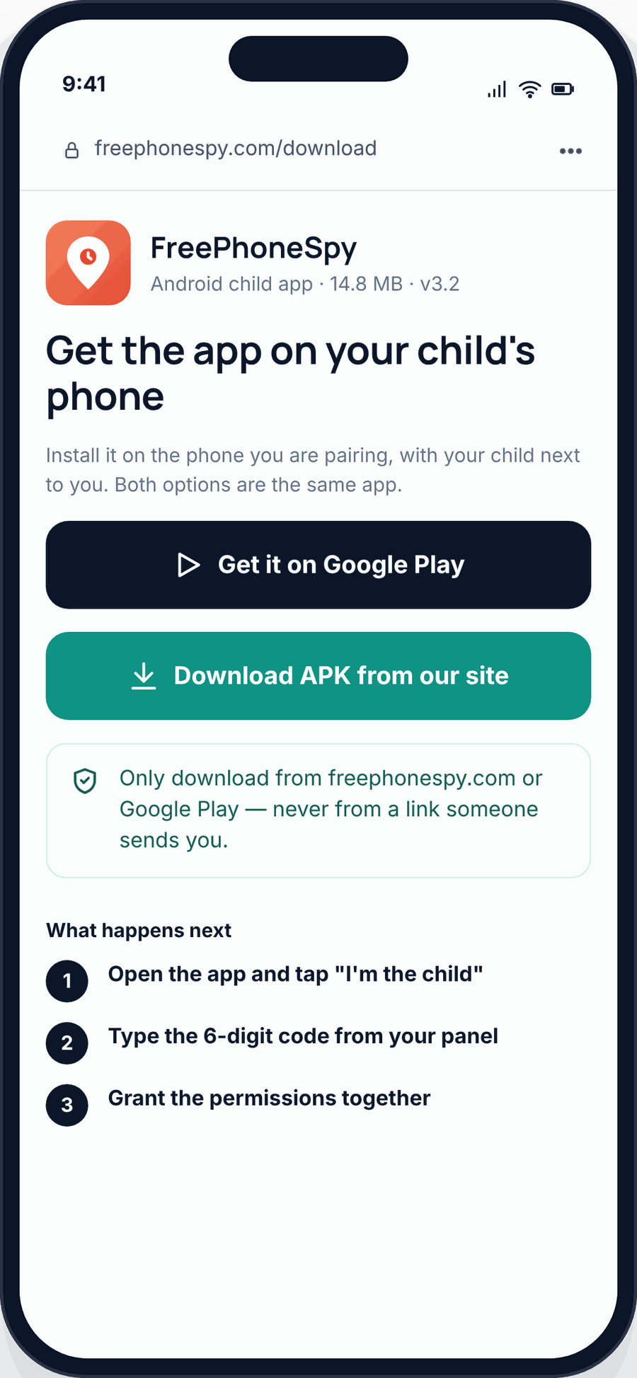 The FreePhoneSpy download page on the child’s phone with two options — Google Play or a direct APK — and the three steps that follow