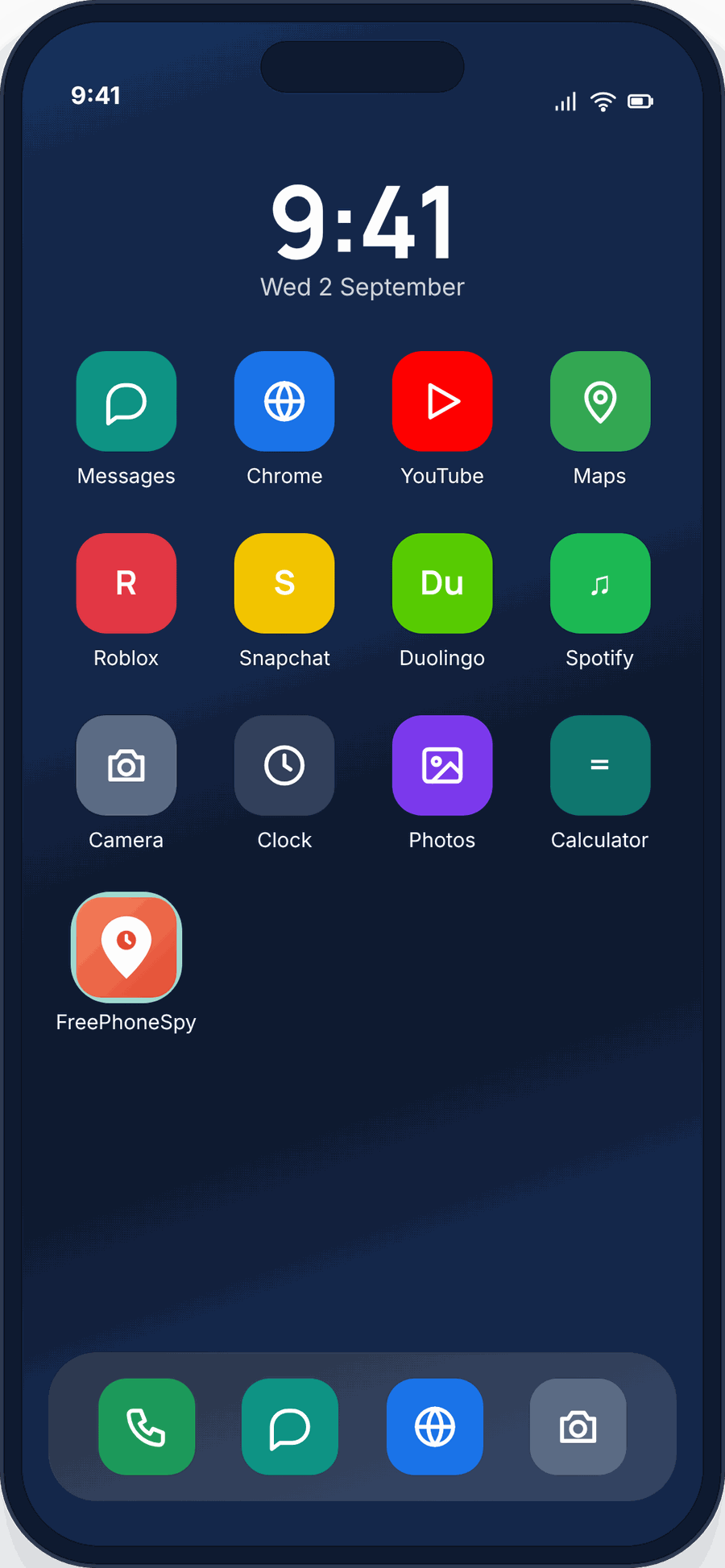 An Android home screen with the FreePhoneSpy app icon visible among the child’s other apps — not hidden