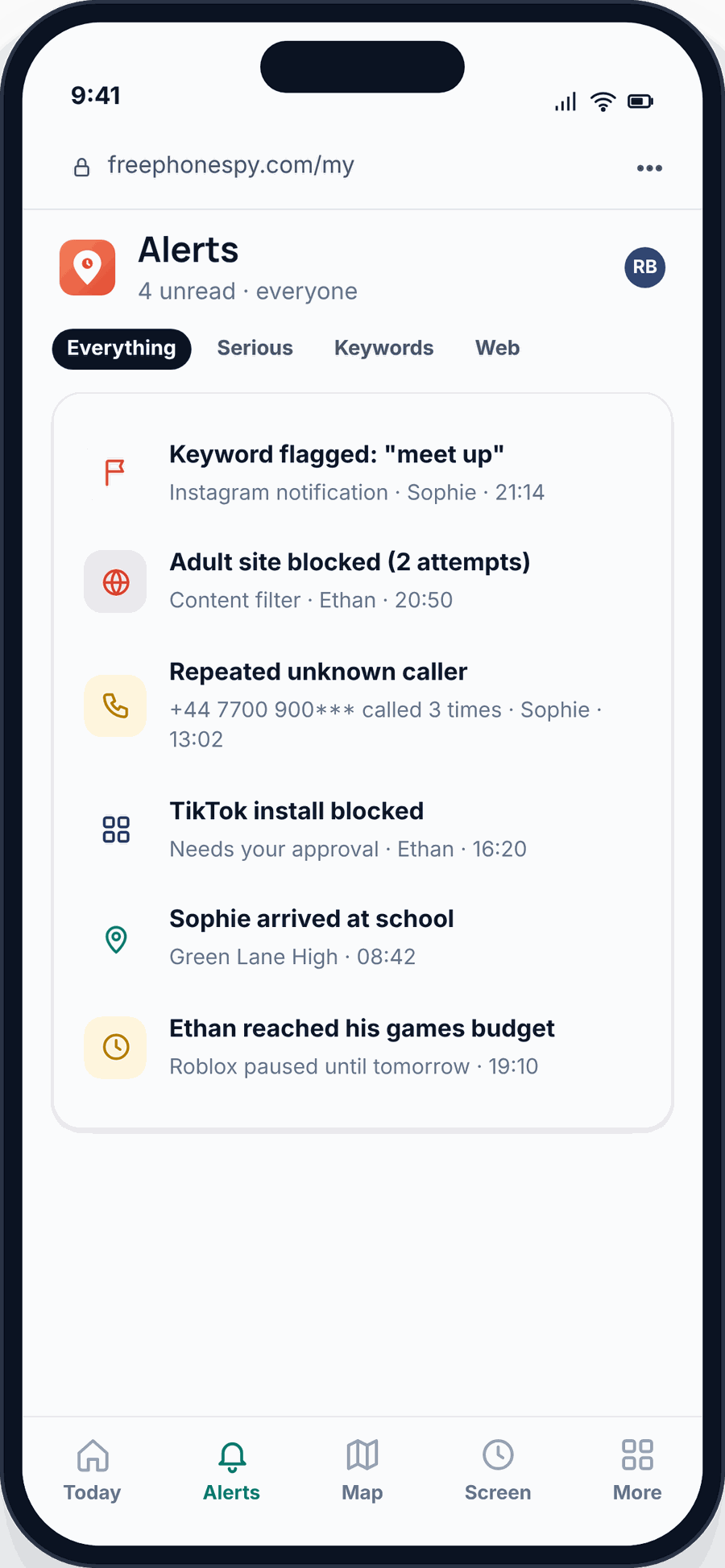 The FreePhoneSpy Alerts feed in a browser on a parent’s phone, listing keyword flags, blocked sites, unknown callers and place events