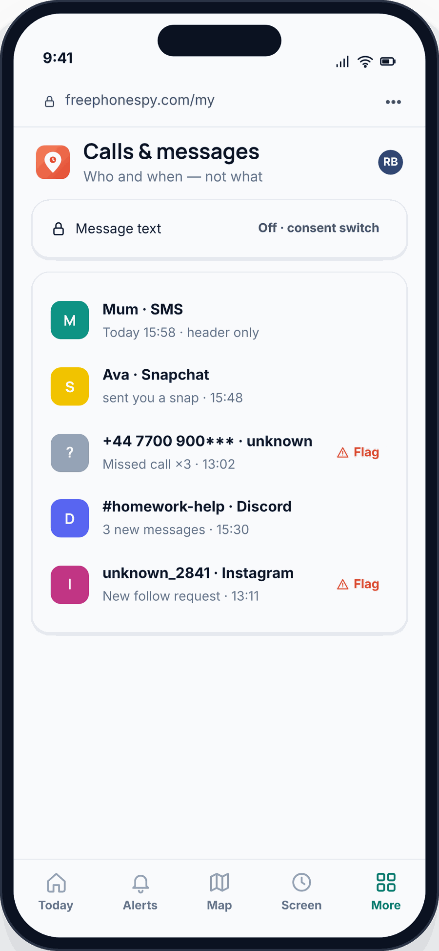 The FreePhoneSpy calls and messages view on a parent’s phone: who and when — an SMS from Mum, a snap from a friend, an unknown number flagged — with message text switched off