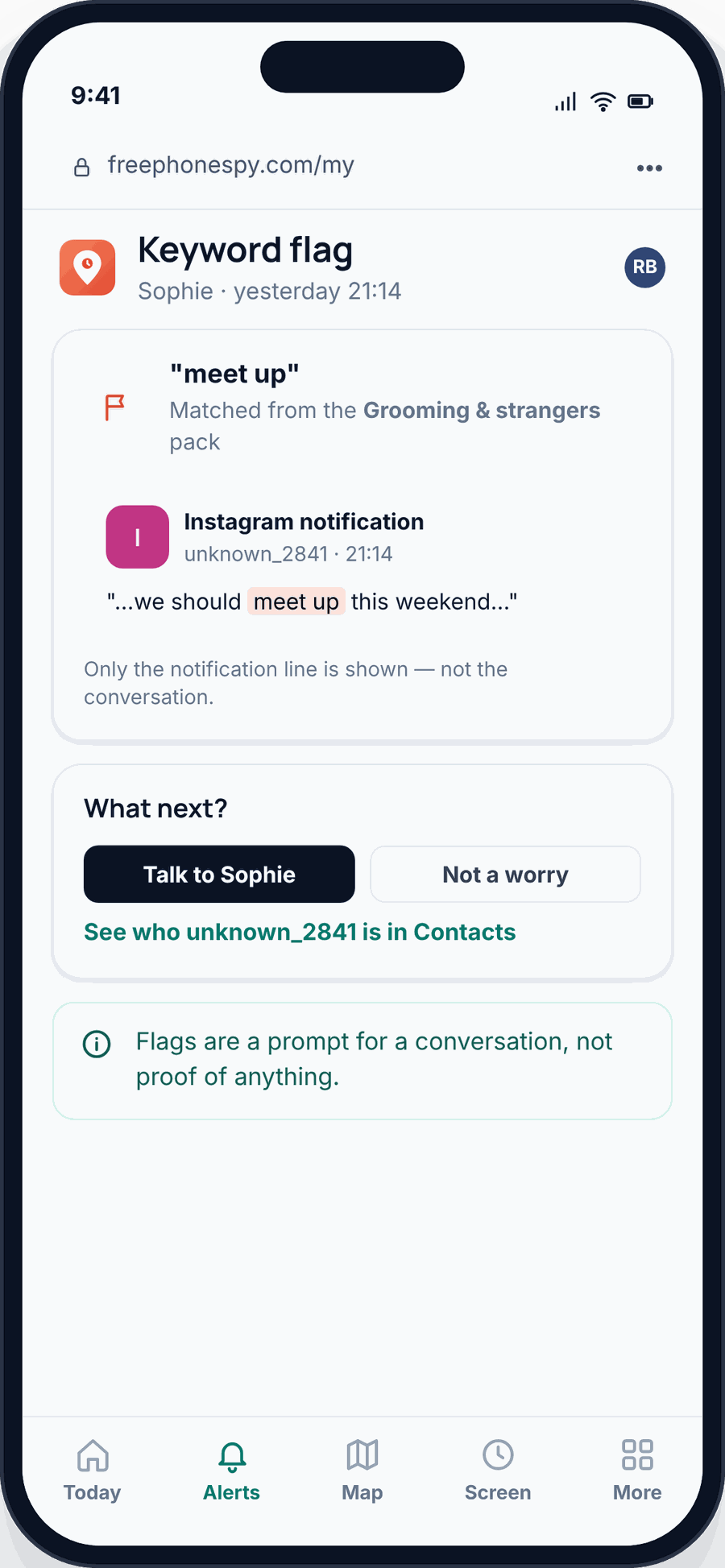 A keyword flag opened on a parent’s phone: the phrase “meet up” matched in an Instagram notification, with only the notification line shown and a “Talk to Sophie” button