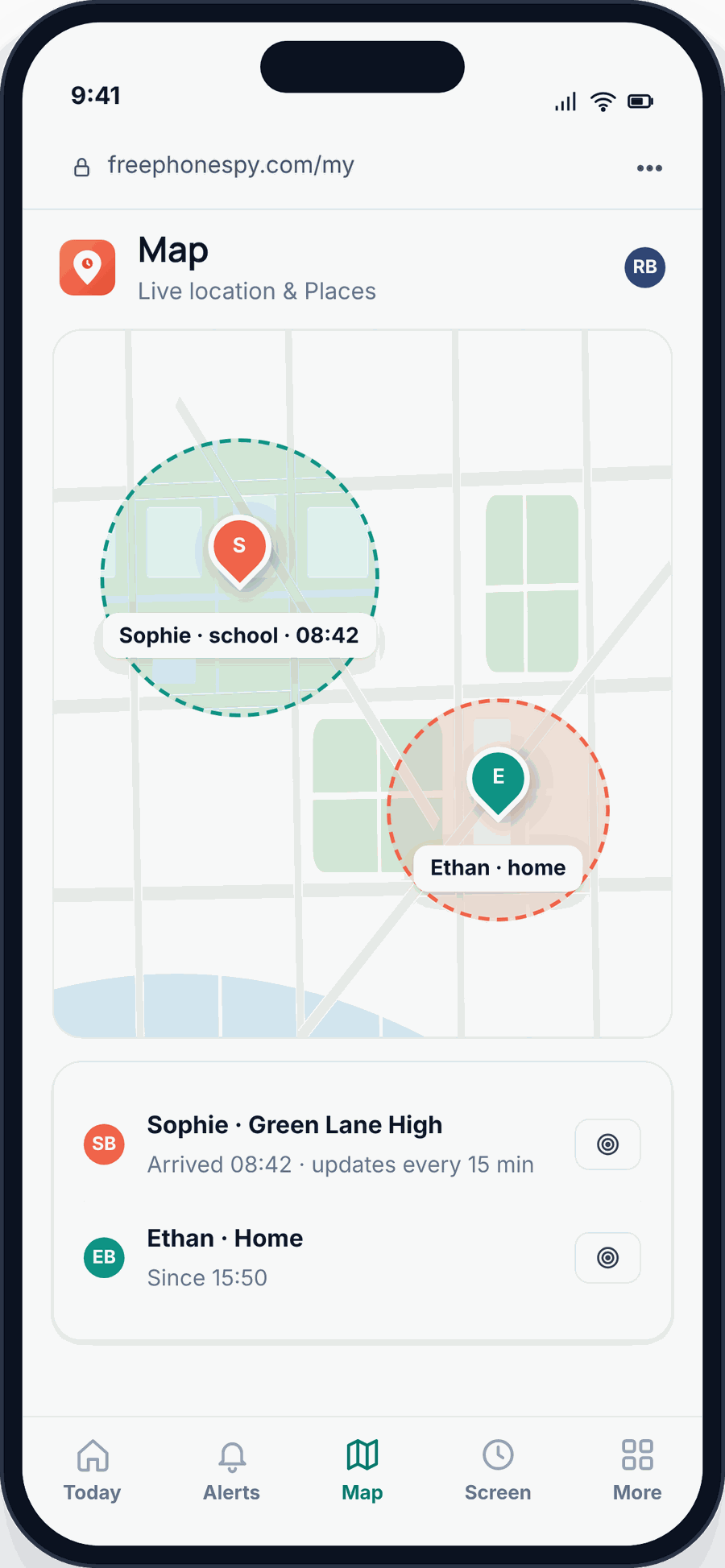 The FreePhoneSpy map in a browser on a parent’s phone, showing both children’s locations and their saved Places