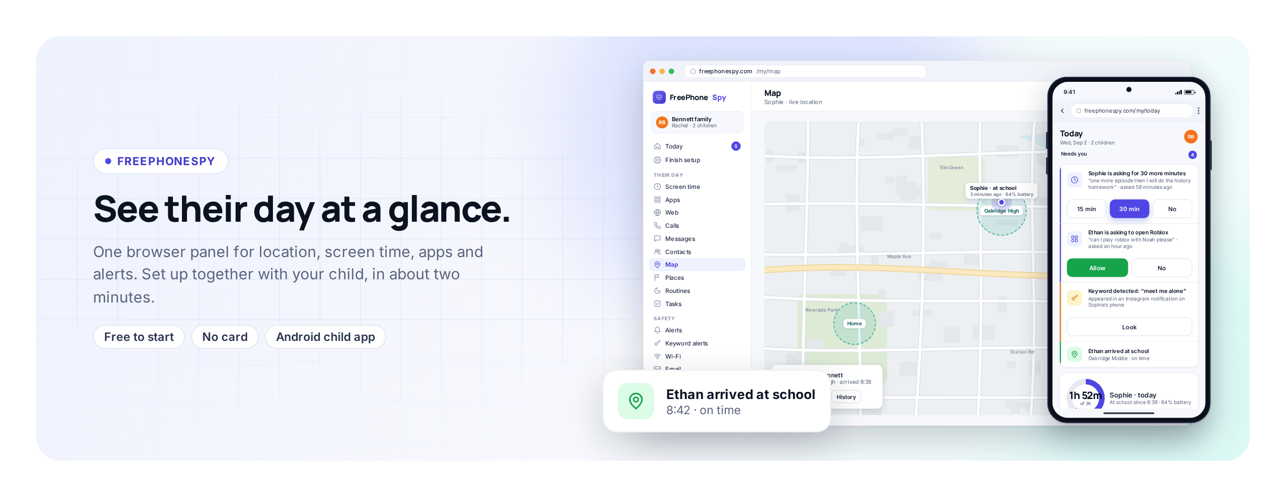 FreePhoneSpy: see their day at a glance, with the Today dashboard and the child app side by side