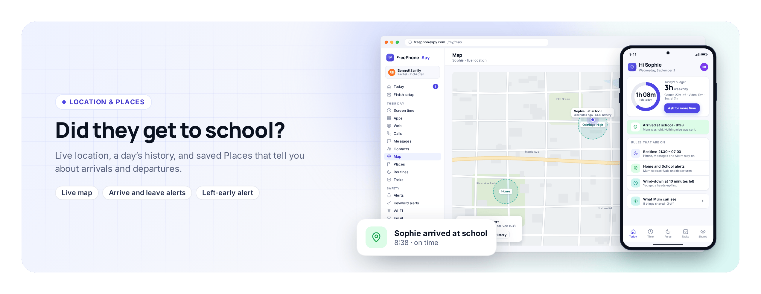 FreePhoneSpy location and Places: the live map beside the child’s phone showing an arrived-at-school notice