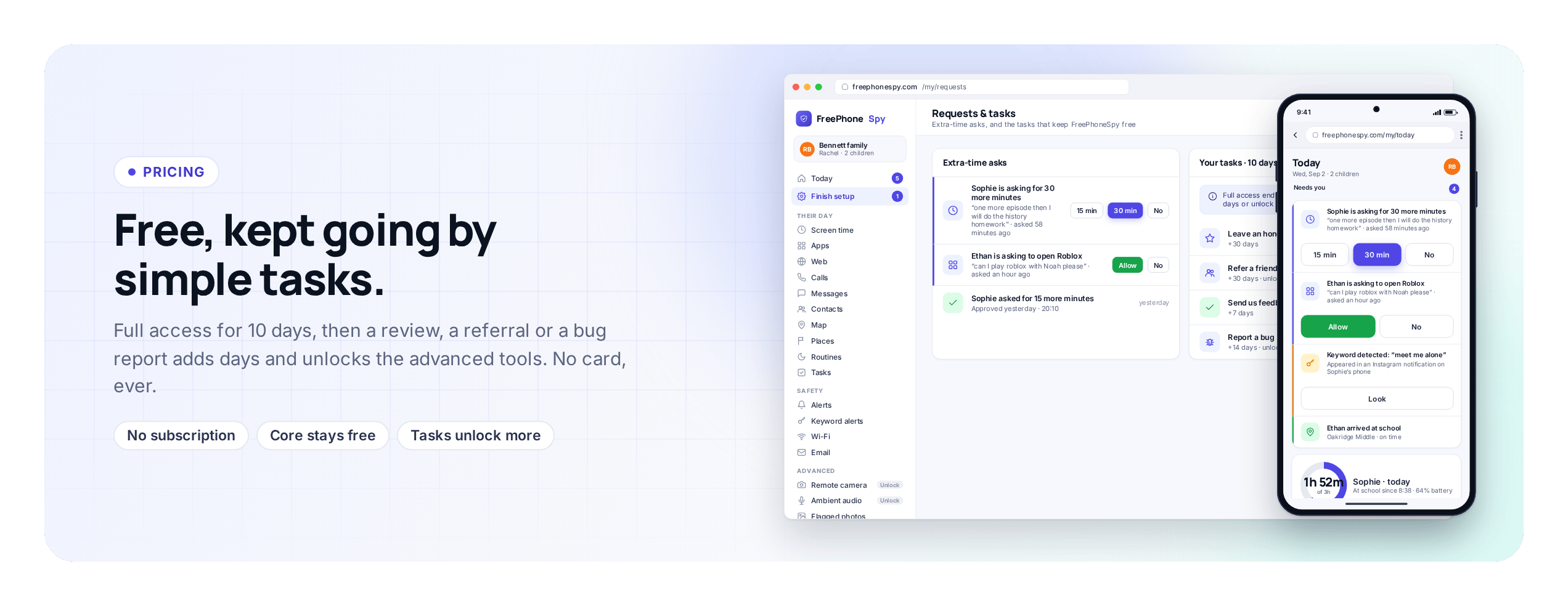 FreePhoneSpy pricing: the tasks that keep the app free, next to the Today dashboard on a phone