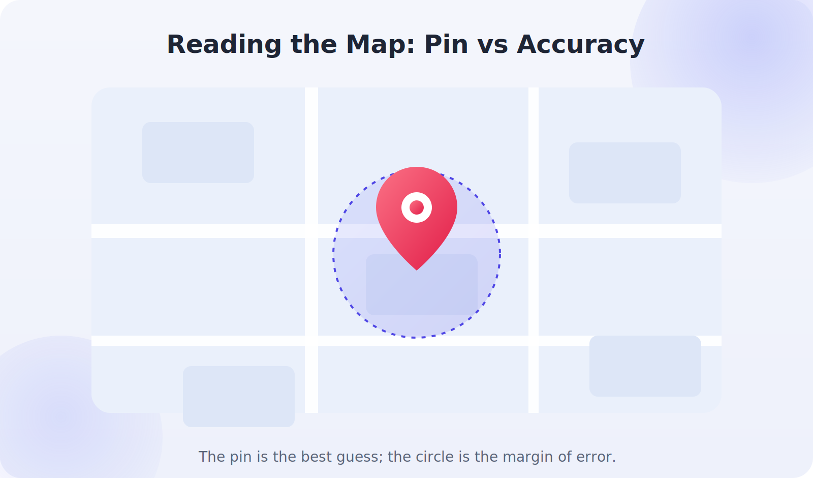 Map illustration showing a red location pin inside a blue dashed accuracy circle