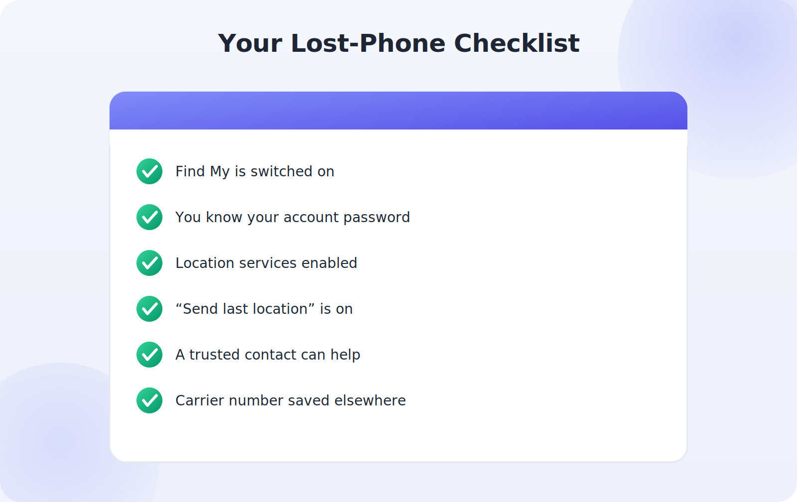 A checklist card listing six steps to prepare a phone for easy recovery