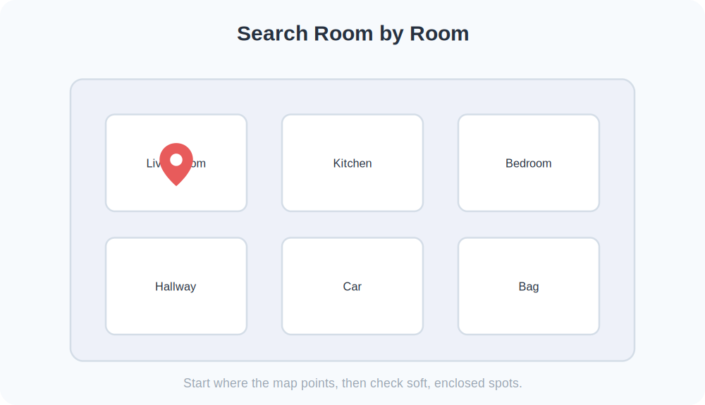 Grid of rooms to search systematically when finding a phone by sound