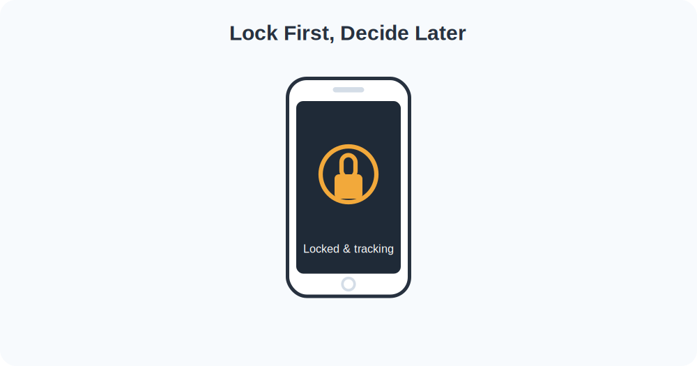 Phone screen showing a padlock icon and a 'locked and tracking' status