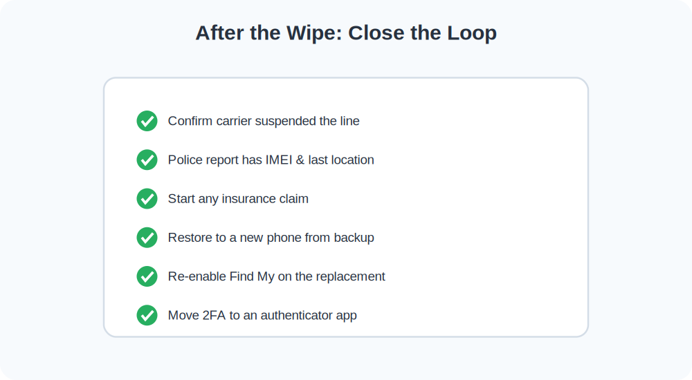 Checklist of steps to take after wiping a stolen phone