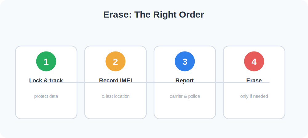 The correct order of steps before erasing a stolen phone