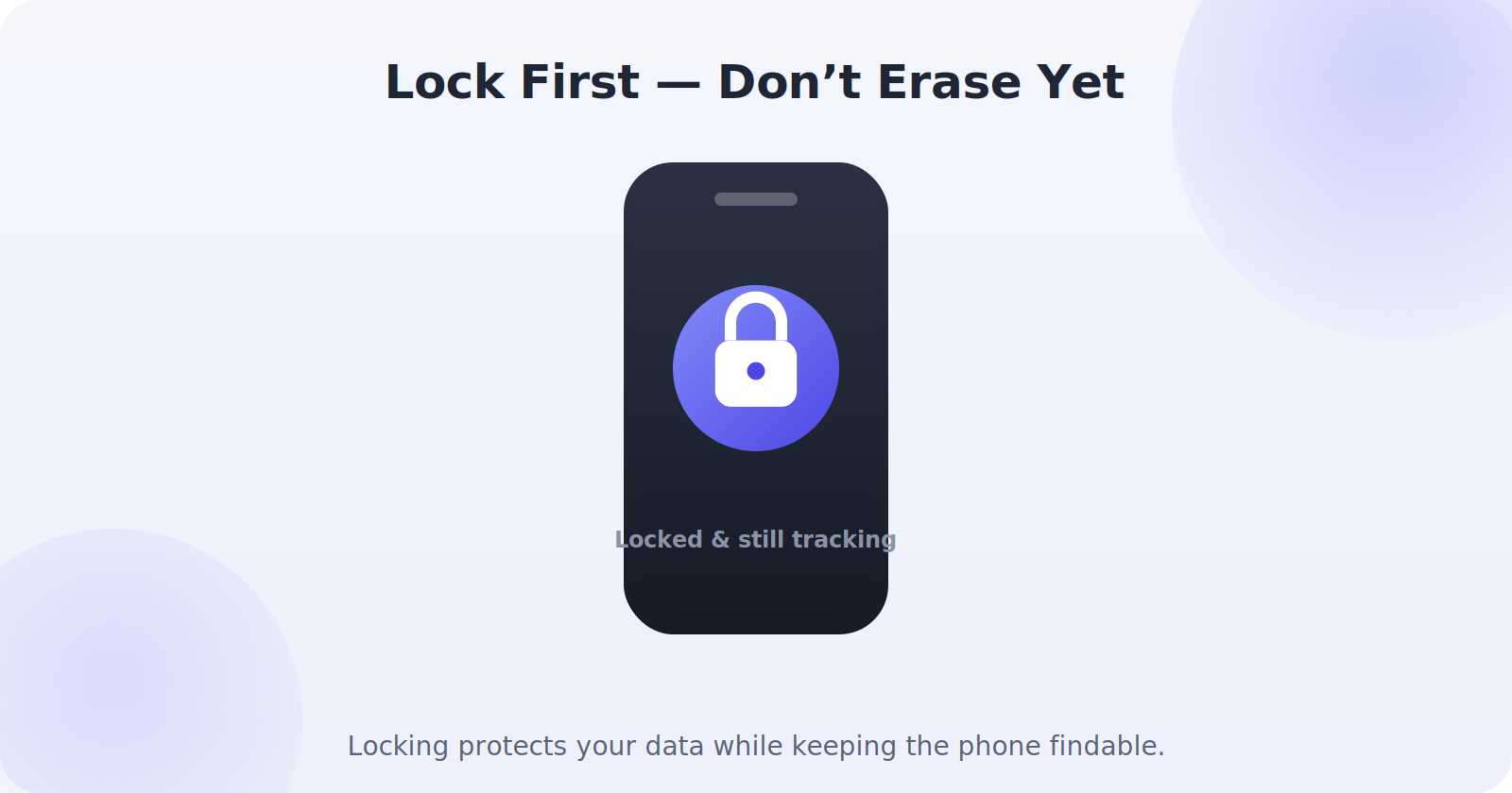 Illustration showing locking a phone before erasing to keep it trackable