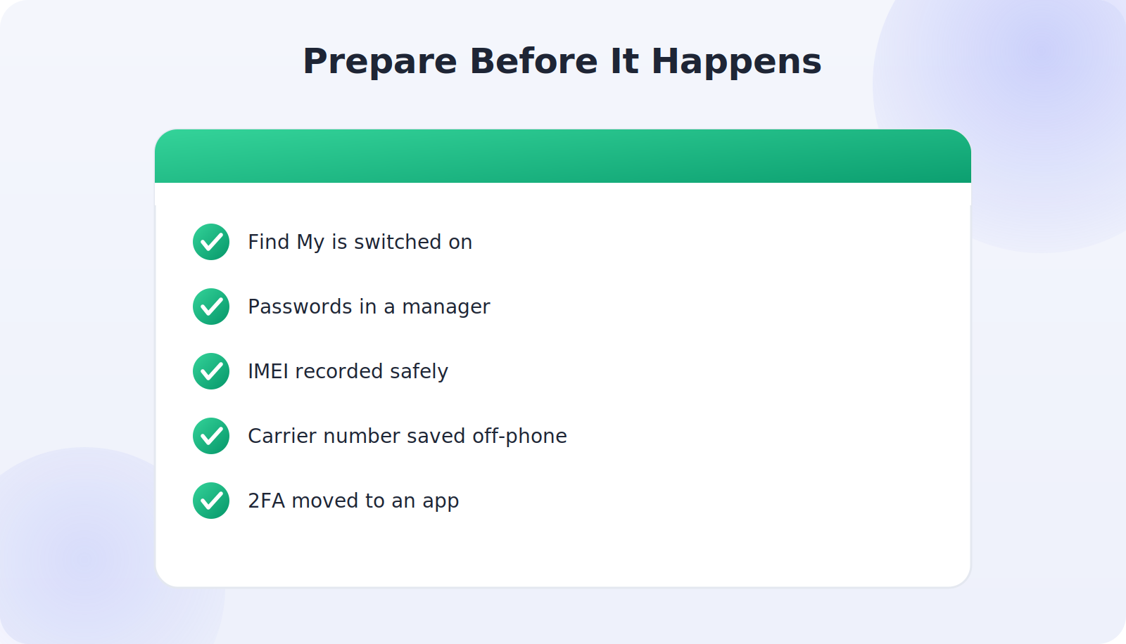 Checklist of things to set up before a phone is ever stolen