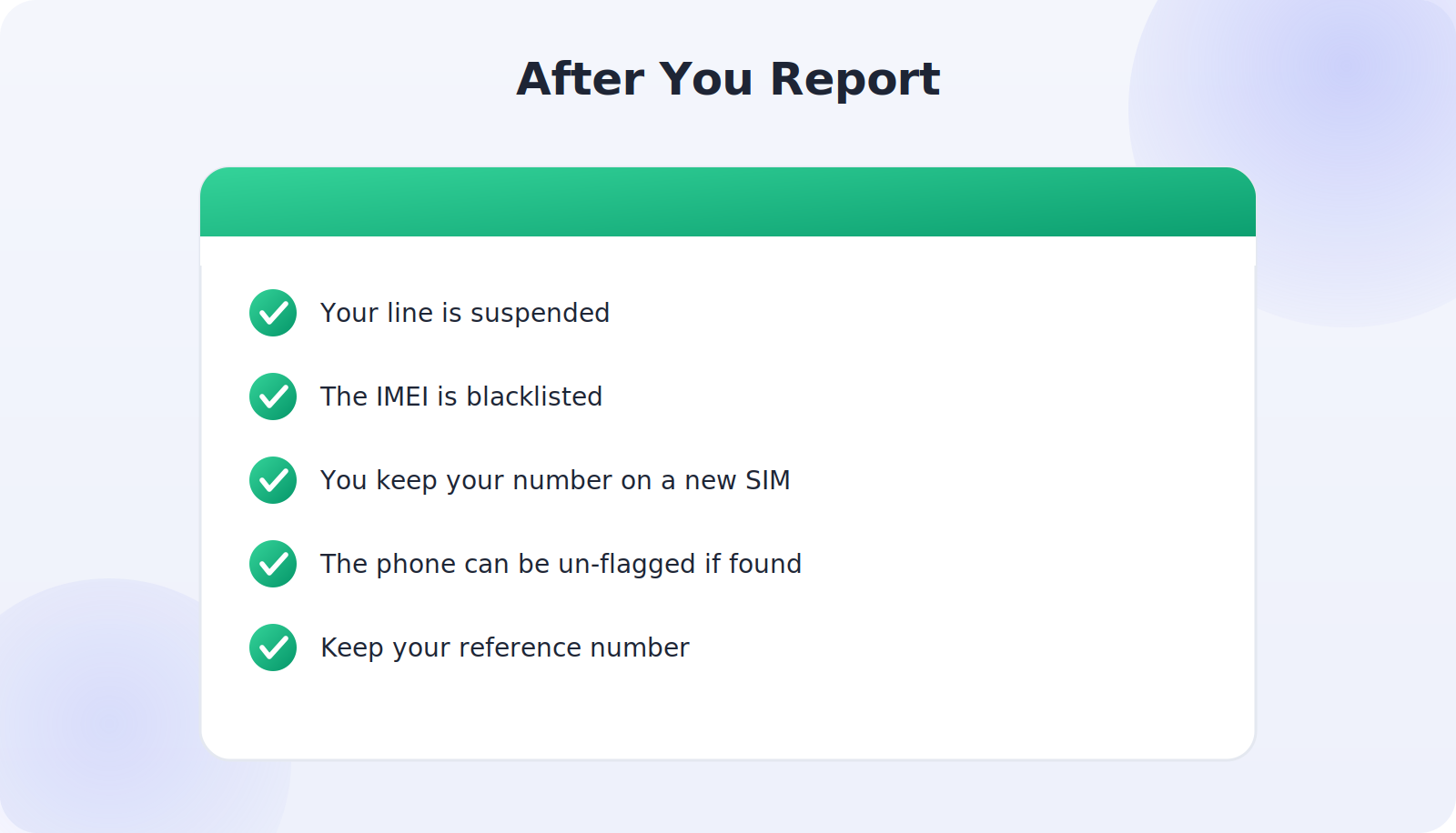 What happens after reporting: suspended line, blacklisted IMEI, recoverable status
