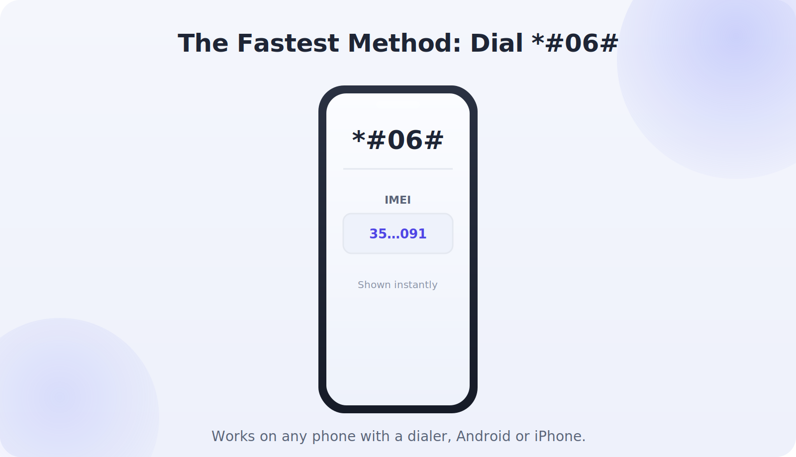 Phone dialer showing the *#06# code revealing the IMEI number
