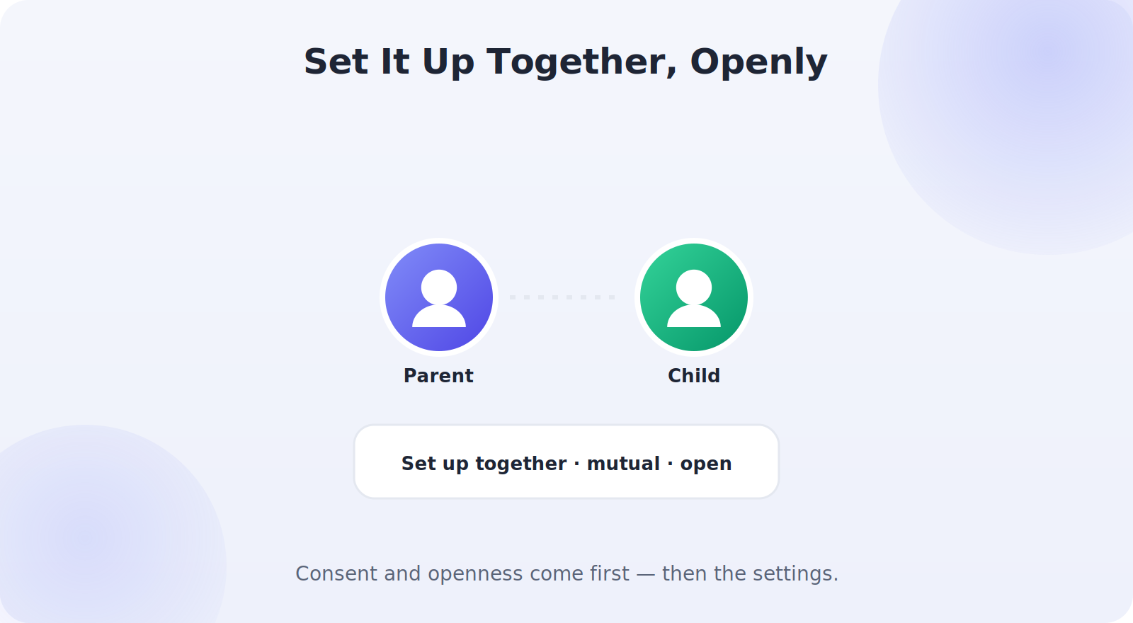 A parent and child looking at a phone together, setting up location sharing openly