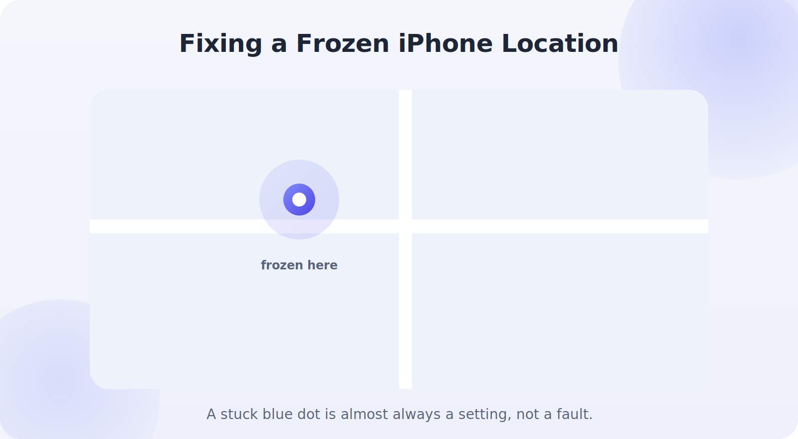 An iPhone with a frozen location dot being diagnosed step by step