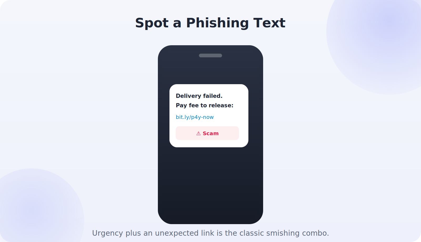 A suspicious phishing text message on a phone with warning signs highlighted