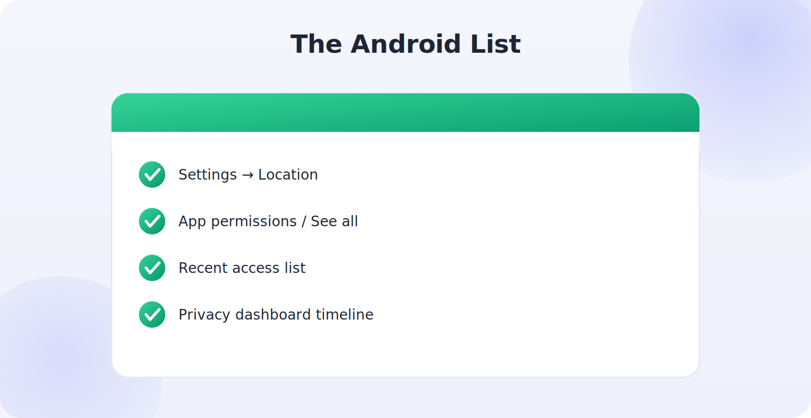 The location app-permissions list and Privacy dashboard on Android