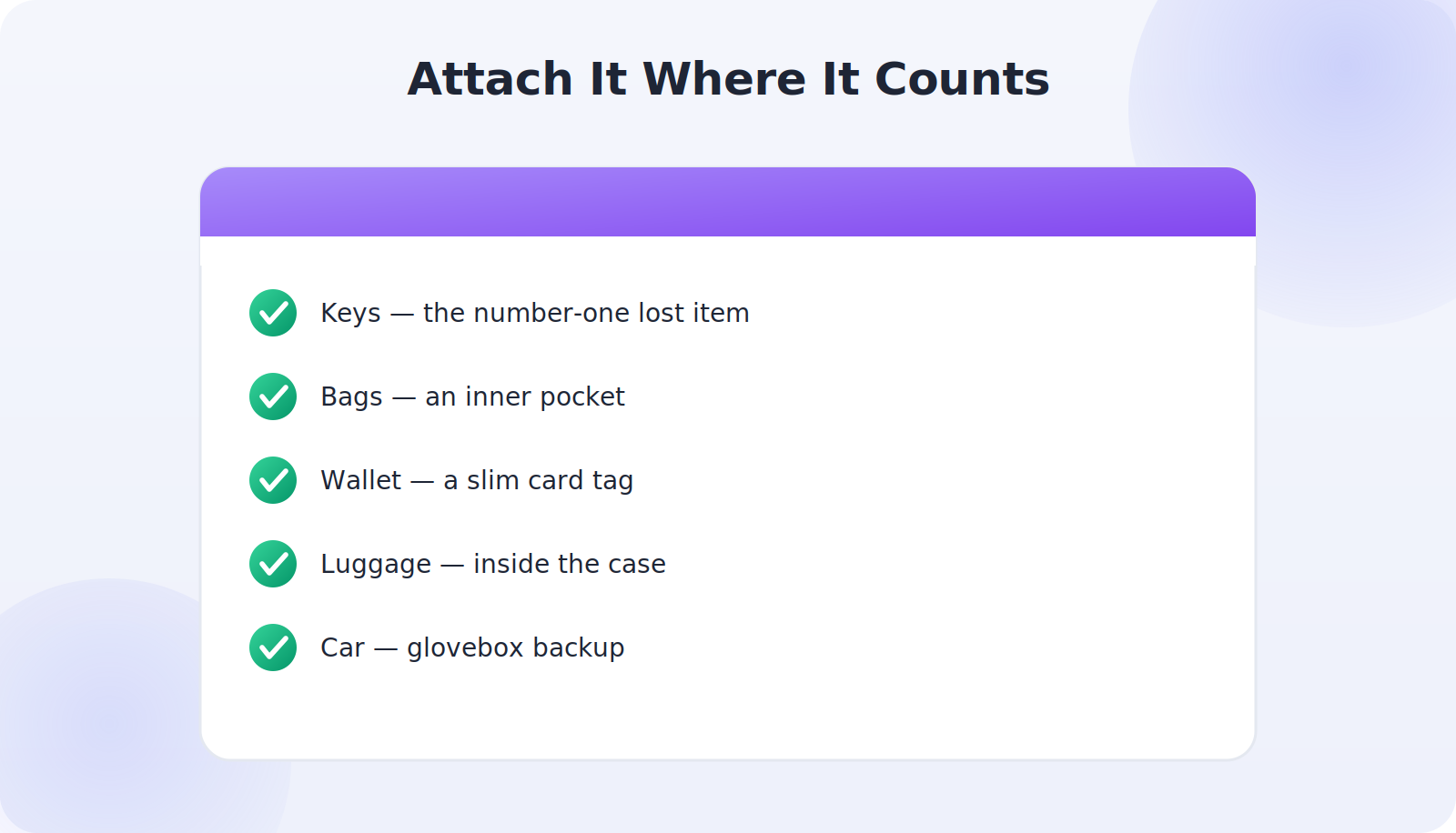 Where to attach Bluetooth trackers: keys, bag, wallet, luggage, car